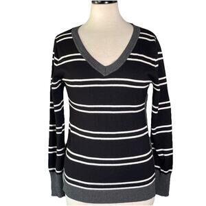 Hippie Rose Sweater Women's Large B/ W Stripe V-Neck Striped Long Sleeve
